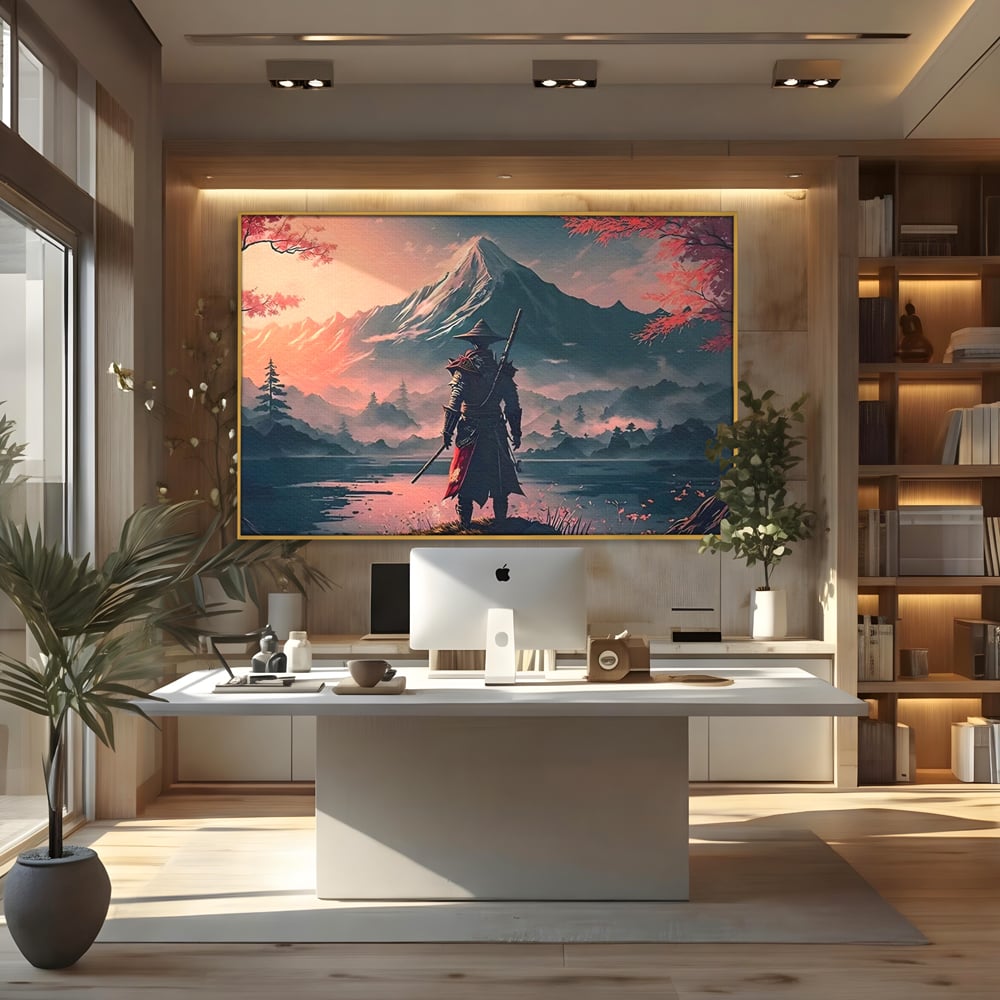 Tablou canvas cu samurai cu sabie pe malul lacului, in rama de aluminiu auriu, pe perete intr-un birou